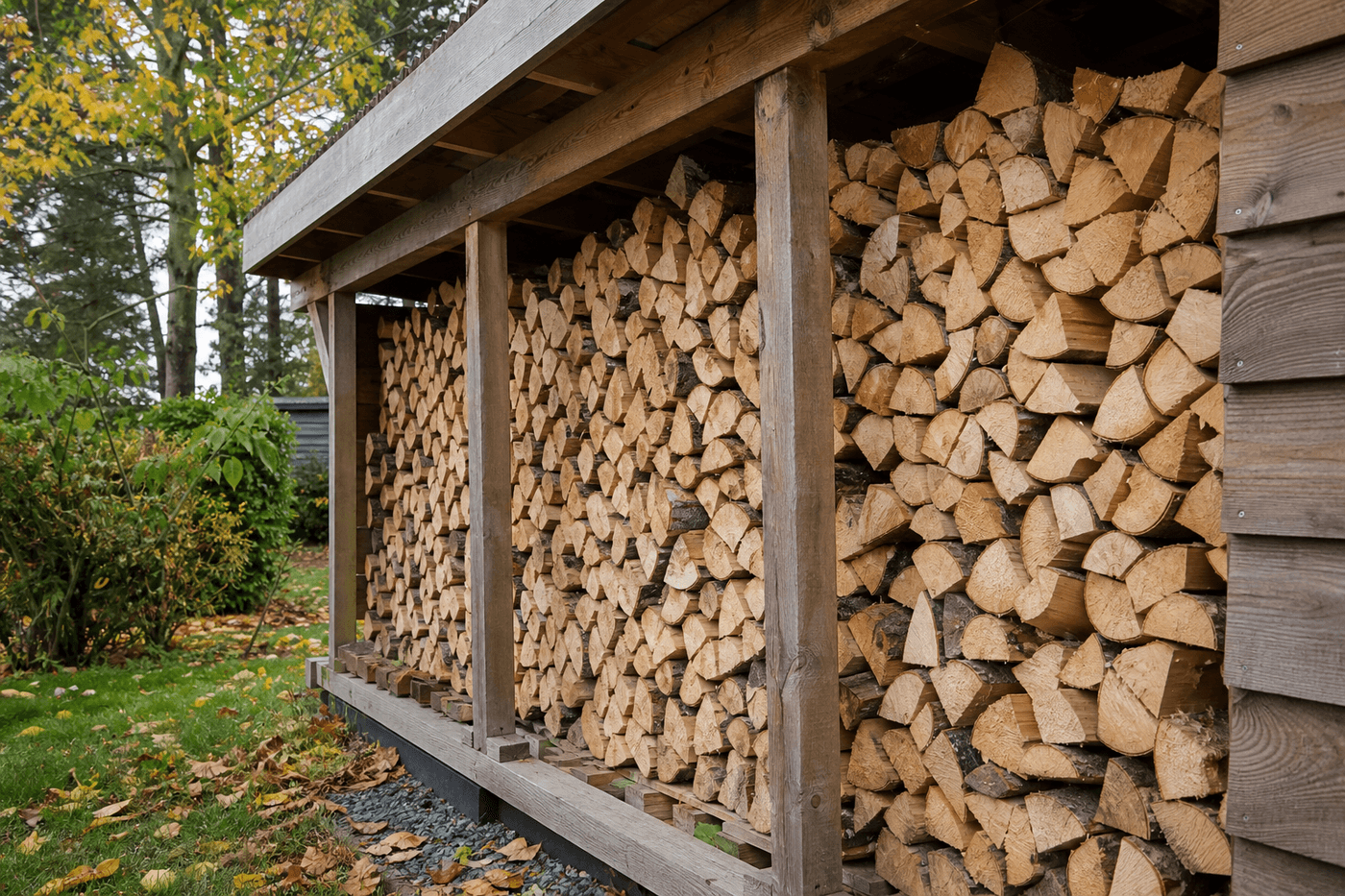 Bûches de bois de chauffage fendues rangées sous un abri en bois ouvert dans un jardin en automne