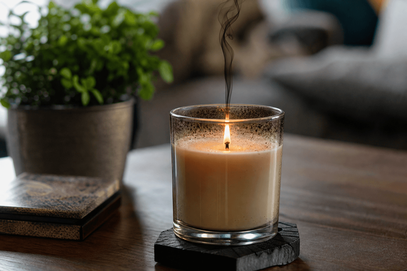 Bougie parfumée allumée avec un léger filet de fumée noire s'échappant de la mèche, dépôt de suie visible sur le bord du pot en verre