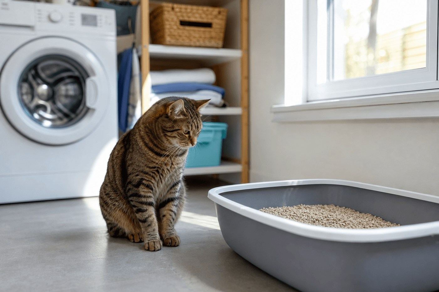Chat tigré assis à côté d'un bac à litière dans une buanderie lumineuse