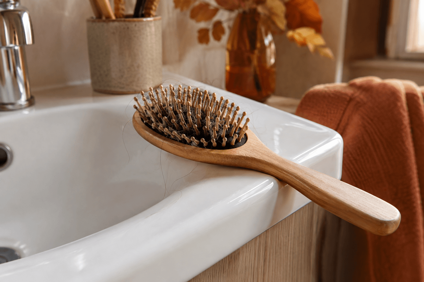 Brosse à cheveux en bois avec des cheveux pris dans les poils, posée sur un lavabo