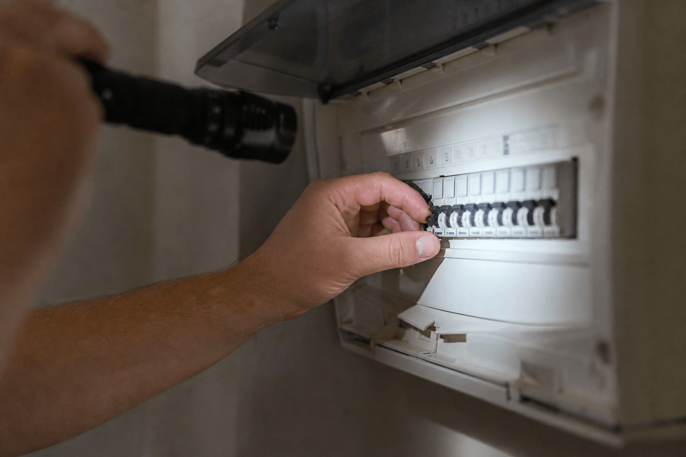 Main qui réarme un disjoncteur dans un tableau électrique domestique éclairé à la lampe torche