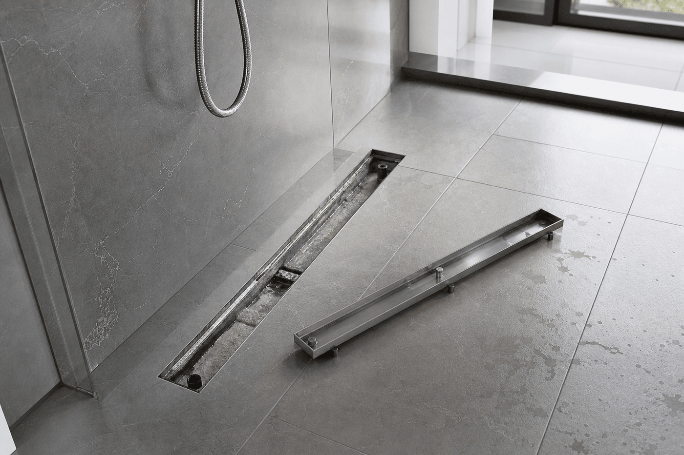 Caniveau de douche à l'italienne au sol carrelé, grille métallique retirée pour inspection, salle de bain moderne