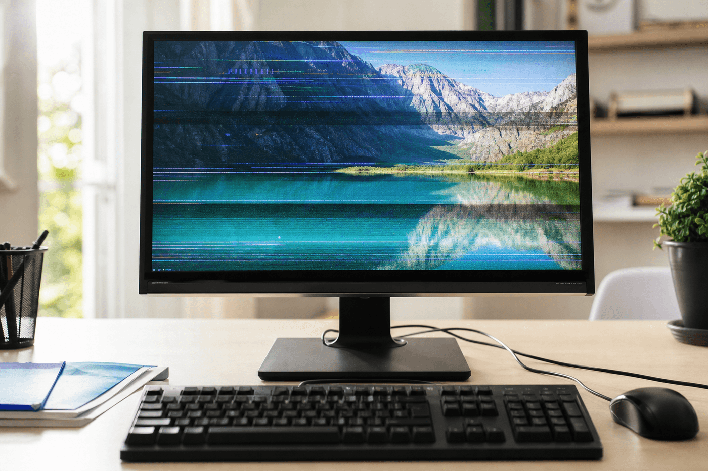 Écran d'ordinateur avec un léger scintillement visible et des bandes de distorsion horizontales, bureau avec clavier au premier plan