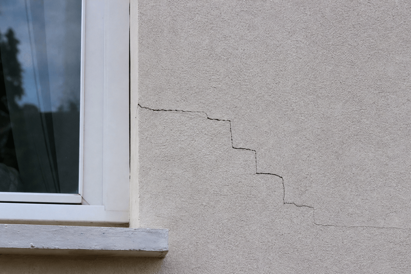 Fissure en escalier sur le mur extérieur enduit d'une maison, partant de l'angle d'une fenêtre