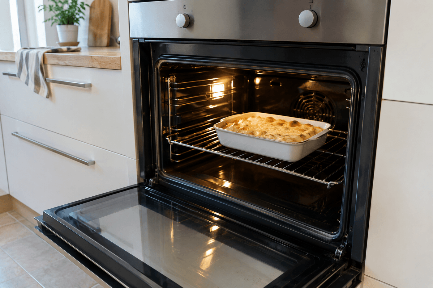 Four électrique encastré porte ouverte, plat de gratin sur la grille dans la cavité éclairée