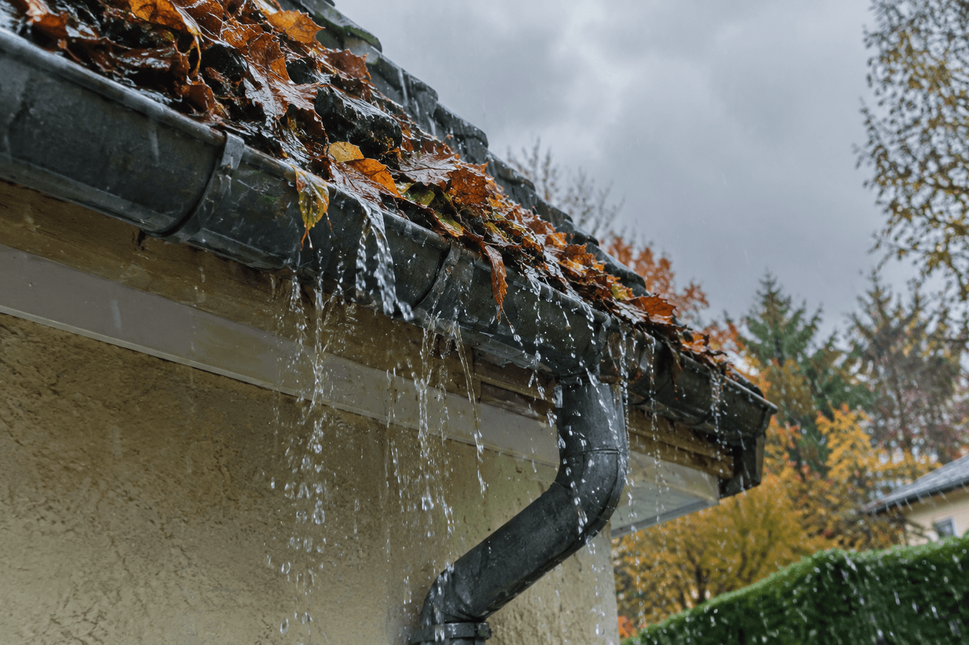 Gouttière remplie de feuilles mortes qui déborde sous une forte pluie d'automne, eau ruisselant sur la façade