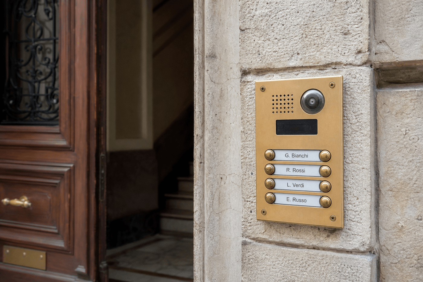 Platine de rue d'un interphone d'immeuble avec boutons de sonnette, gros plan sur l'entrée d'un bâtiment