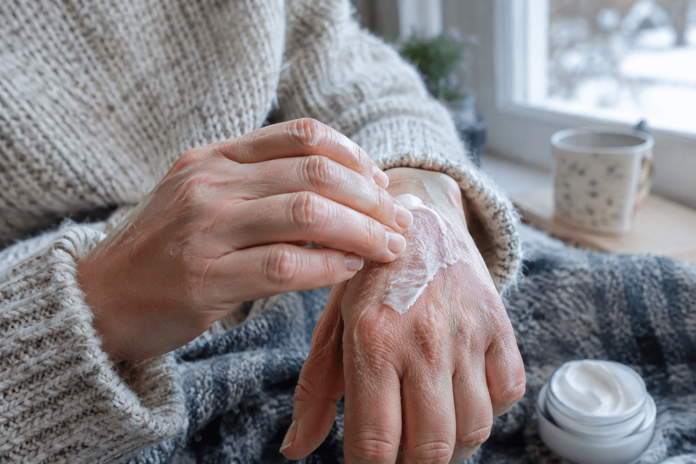Mains à la peau sèche et gercée appliquant une crème hydratante, pull en laine, ambiance d'hiver