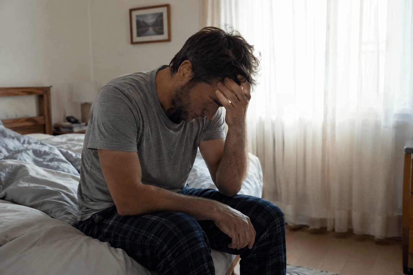 Homme assis au bord du lit le matin, se tenant le front d'une main, chambre baignée de lumière douce