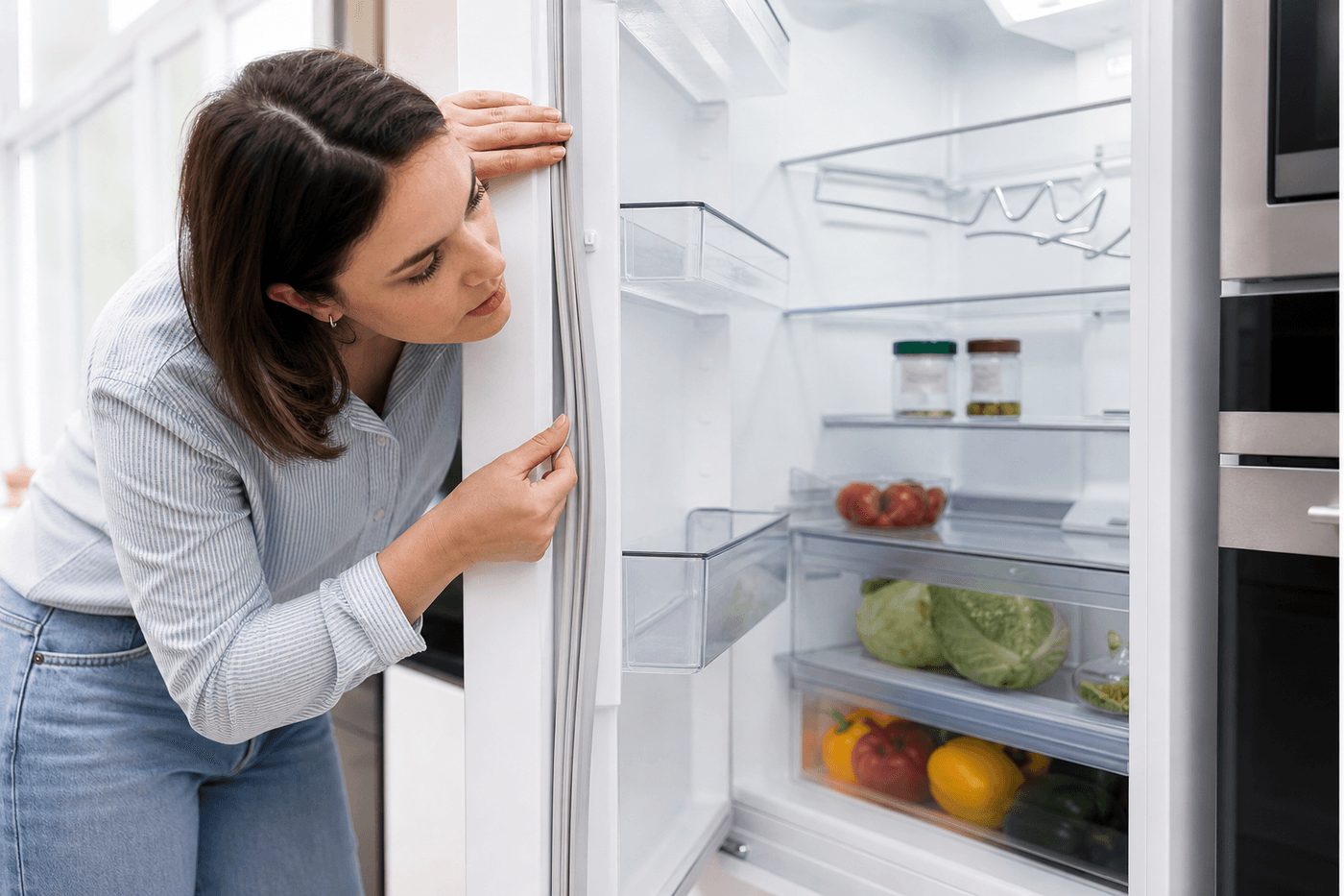 Intérieur d'un réfrigérateur ouvert avec des clayettes et des bacs à légumes, personne inspectant le joint de la porte