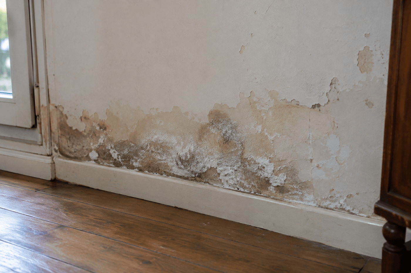 Bas d'un mur intérieur avec peinture qui cloque, auréoles d'humidité et salpêtre blanc au-dessus de la plinthe