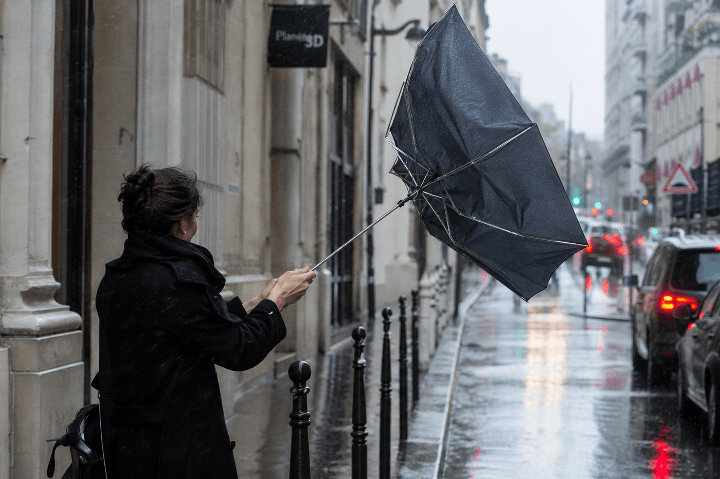 Parapluie retourné par une rafale de vent dans une rue en pleine averse, baleines métalliques visibles à contre-jour