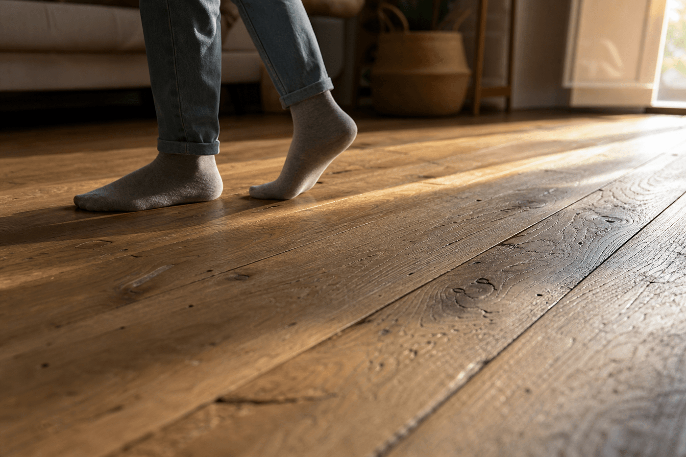 Pieds en chaussettes marchant sur un parquet en chêne ancien dans un salon baigné de lumière