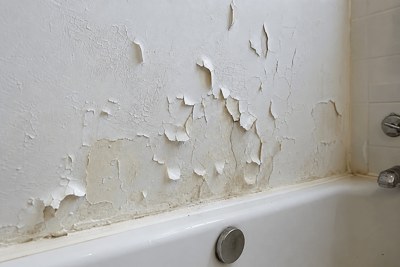 Mur de salle de bain avec de la peinture écaillée et boursouflée près d'une baignoire, gros plan sur les plaques décollées