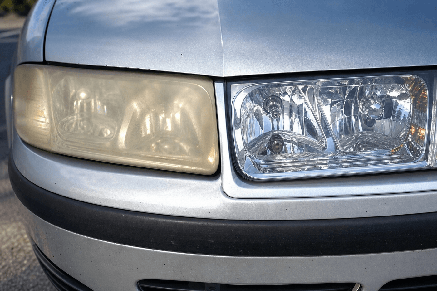 Comparaison d'un phare de voiture jauni et terni à côté d'un phare poli et transparent, gros plan sur le pare-chocs avant