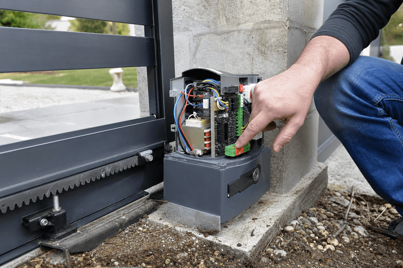 Moteur de portail électrique coulissant avec son boîtier de commande ouvert, personne inspectant le mécanisme