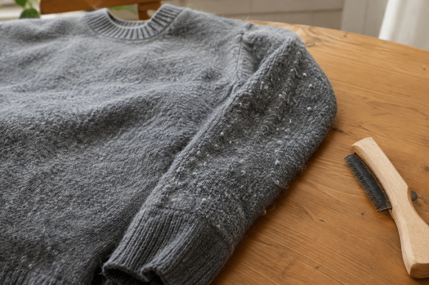 Pull en laine gris posé à plat sur une table en bois, bouloches sur la manche et peigne à pulls à côté
