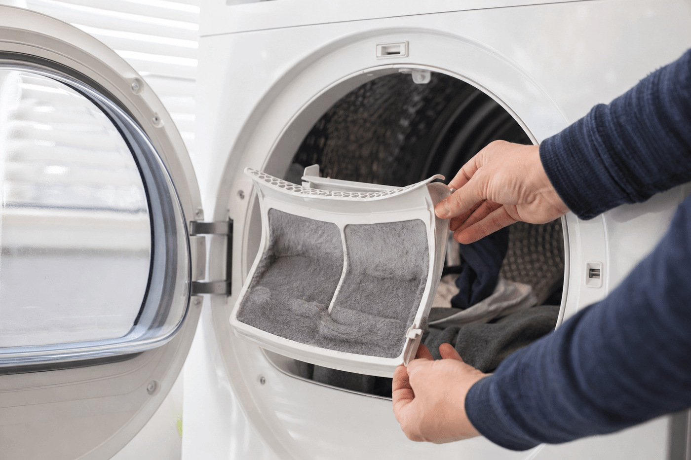 Personne retirant un filtre à peluches encrassé d'un sèche-linge, tambour ouvert avec du linge à l'intérieur