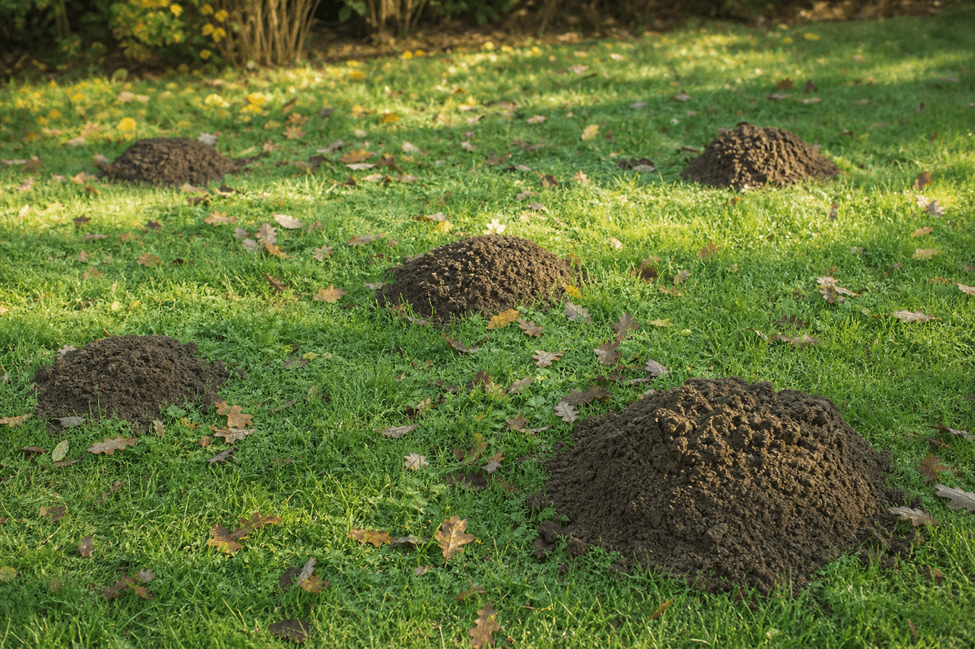 Plusieurs taupinières de terre fraîche sur une pelouse verte parsemée de feuilles mortes en automne