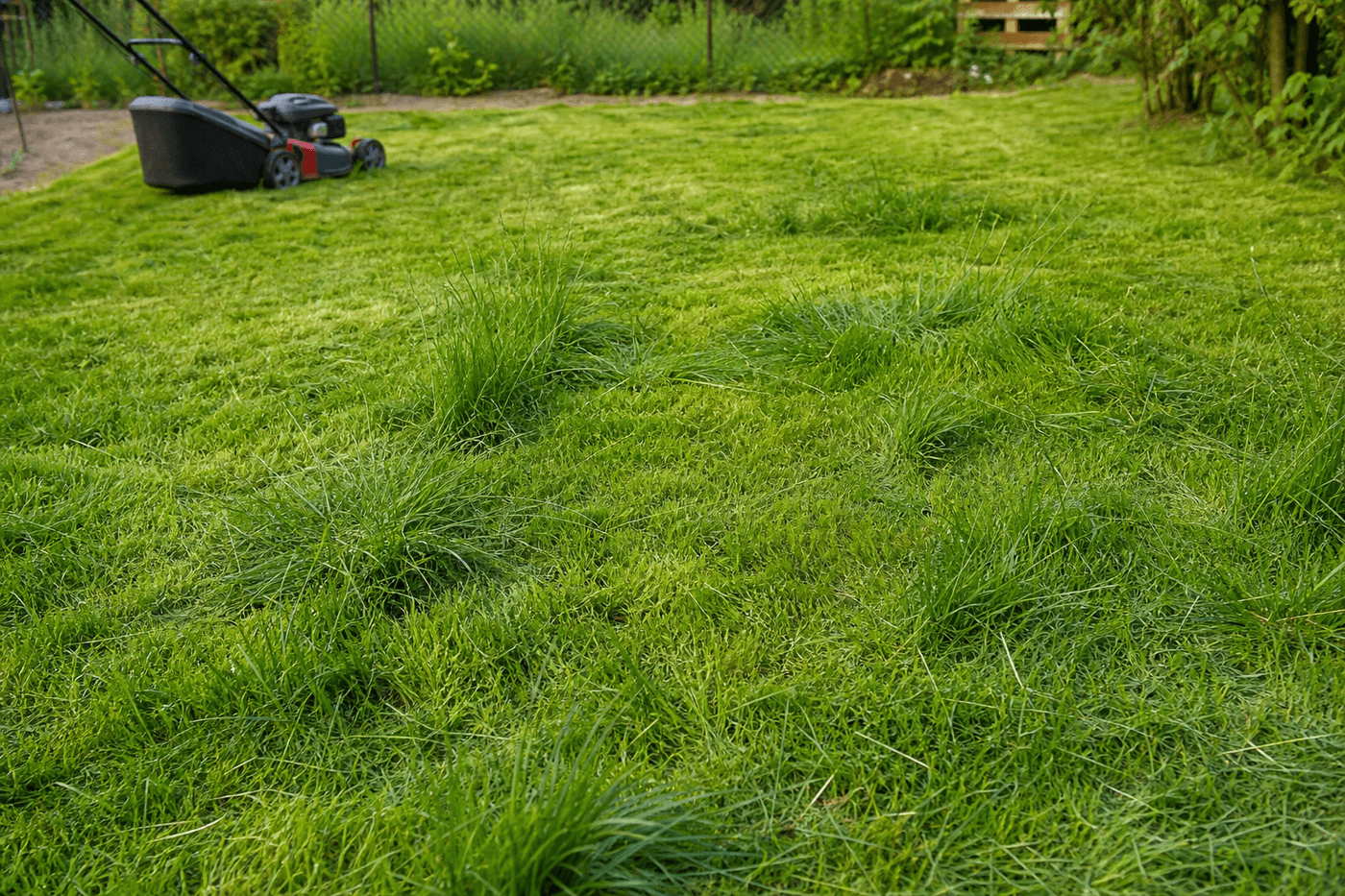 Pelouse tondue de façon irrégulière avec des touffes d'herbe hautes par endroits, tondeuse à gazon visible en arrière-plan