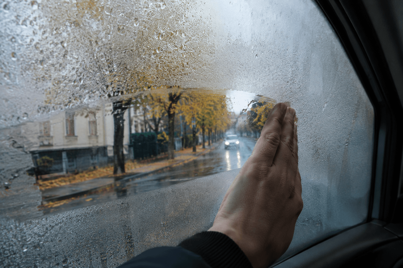 Main essuyant la buée sur la vitre latérale d'une voiture, rue pluvieuse d'automne en arrière-plan
